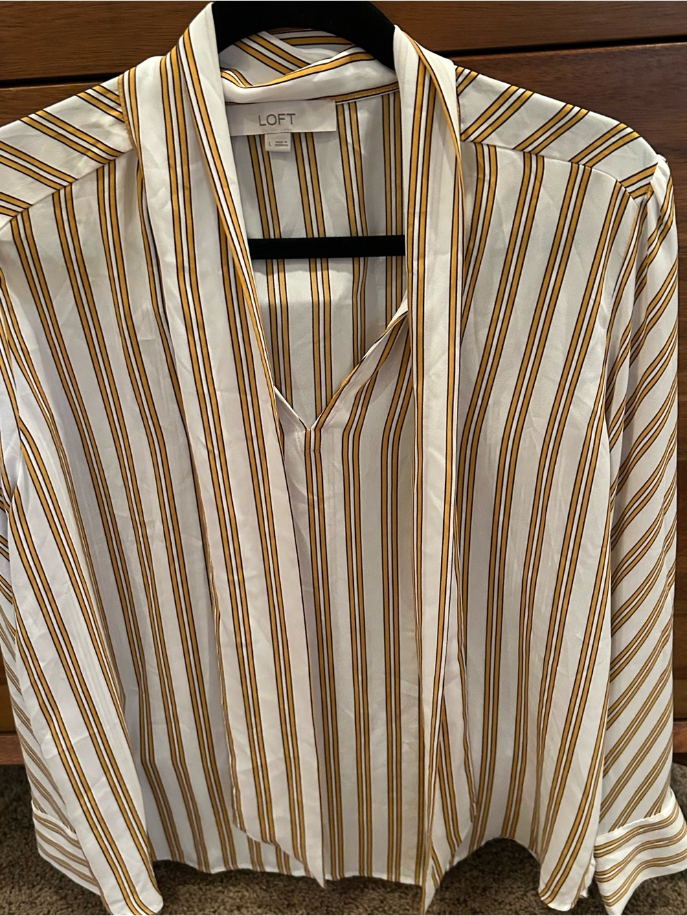 LOFT White and Mustard Striped Tie-Neck Blouse